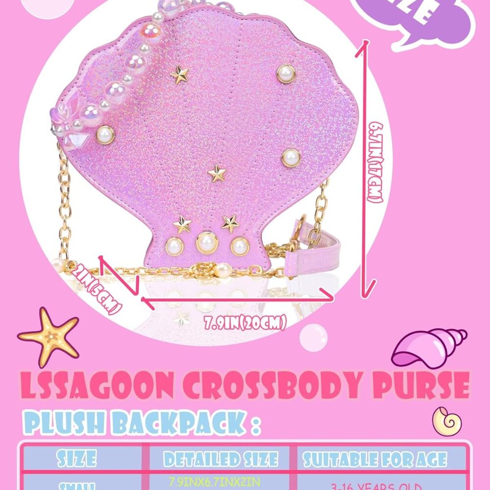 Shells Little Girl Crossbody Purse for Toddler,Shoulder Handbag,Pearl Princess C - Picture 5 of 7